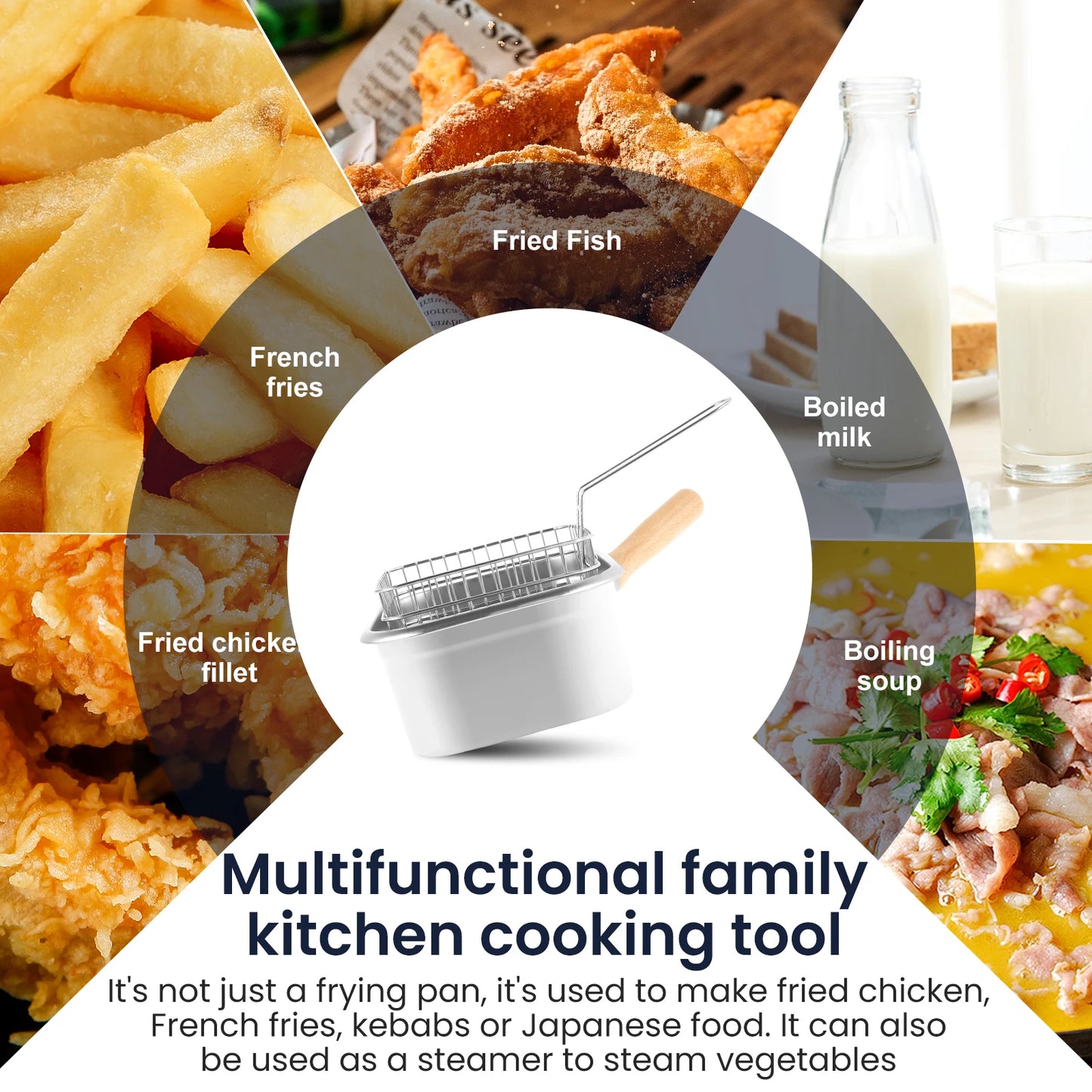 Stainless Steel Deep Fryer Pot set with Basket and Fried Mesh and Steam Rack Square Deep Frying Pot Multifunctional Cooking Pan