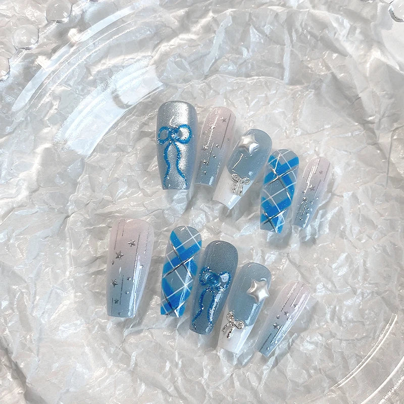 10PCS handmade coffin shaped nails, beautiful fake nails, dreamy blue and white nail art, fresh summer, suitable for women to us