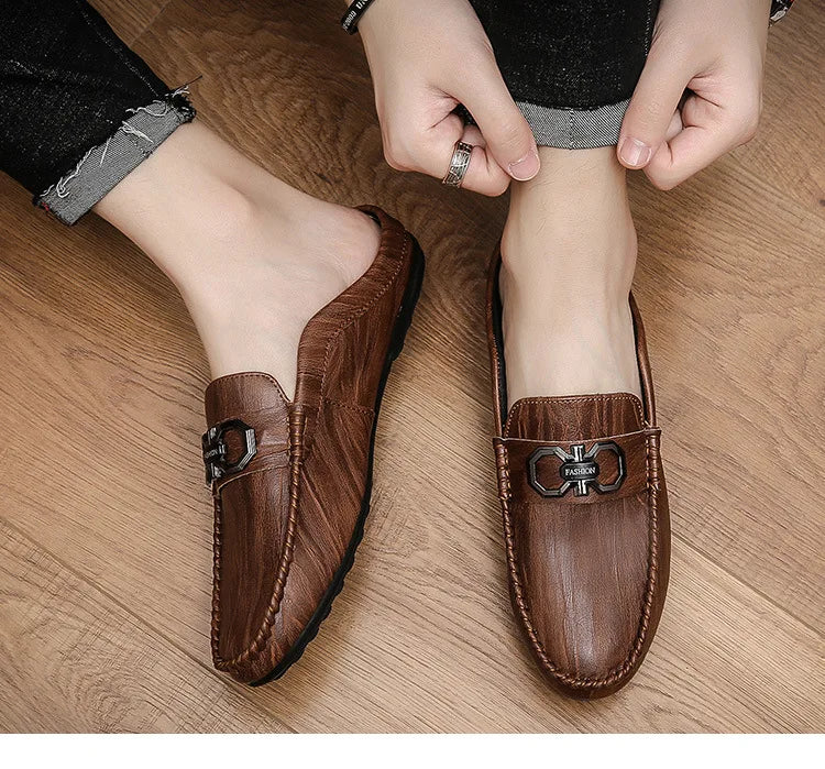 Designer Men Slippers Luxury Leather Casual Shoes for Men Breathable Soft Soled Loafers Fashion British style Men Half Slippers
