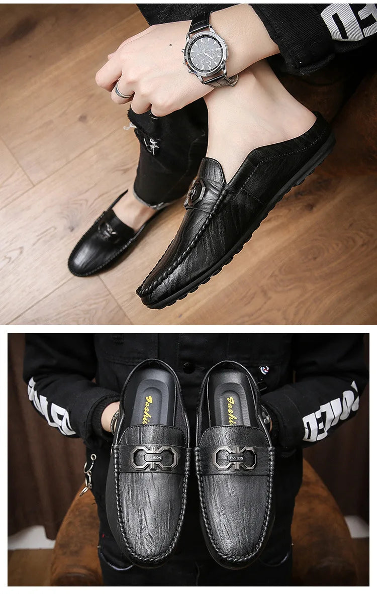 Designer Men Slippers Luxury Leather Casual Shoes for Men Breathable Soft Soled Loafers Fashion British style Men Half Slippers