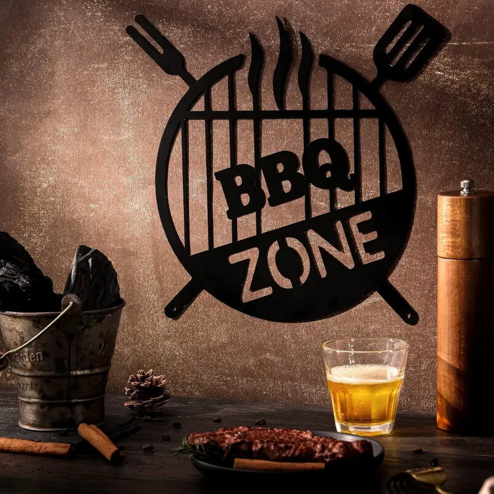 Barbecue Wall Hanging Decor BBQ Zone Retro Signs Grill Outdoor Backyard Kitchen iron Art Decoratio Art,Metal Round Grill Sign