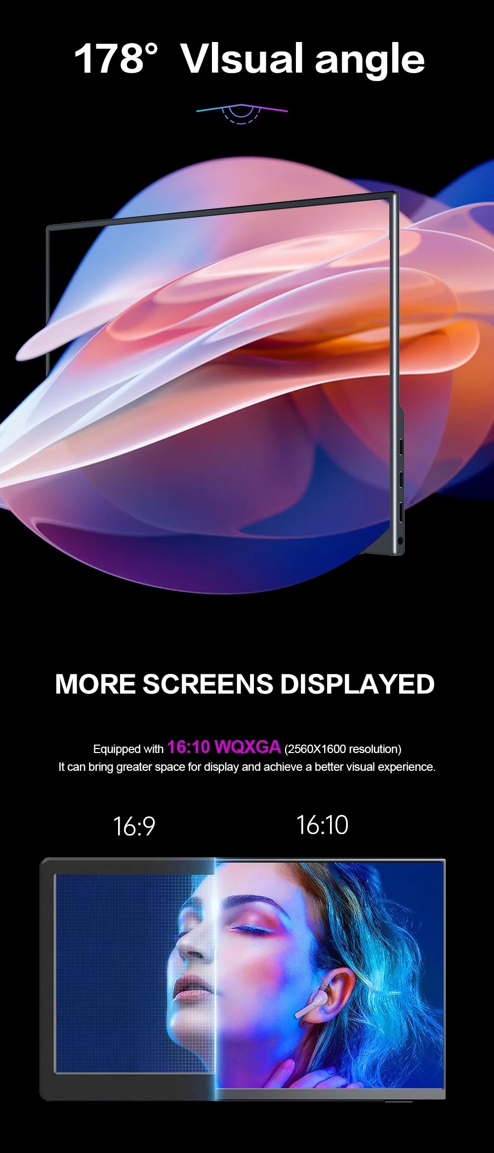 HOWENS Portable Monitor 13.3 inch 2560*1600 60Hz IPS Screen Gaming Monitor Display Super Thin for Switch Xbox PS PC Phone Laptop