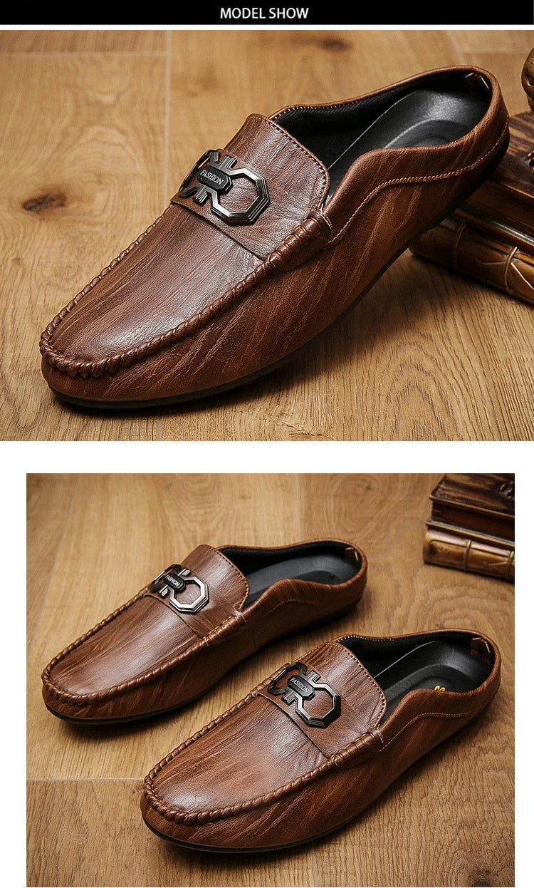 Designer Men Slippers Luxury Leather Casual Shoes for Men Breathable Soft Soled Loafers Fashion British style Men Half Slippers