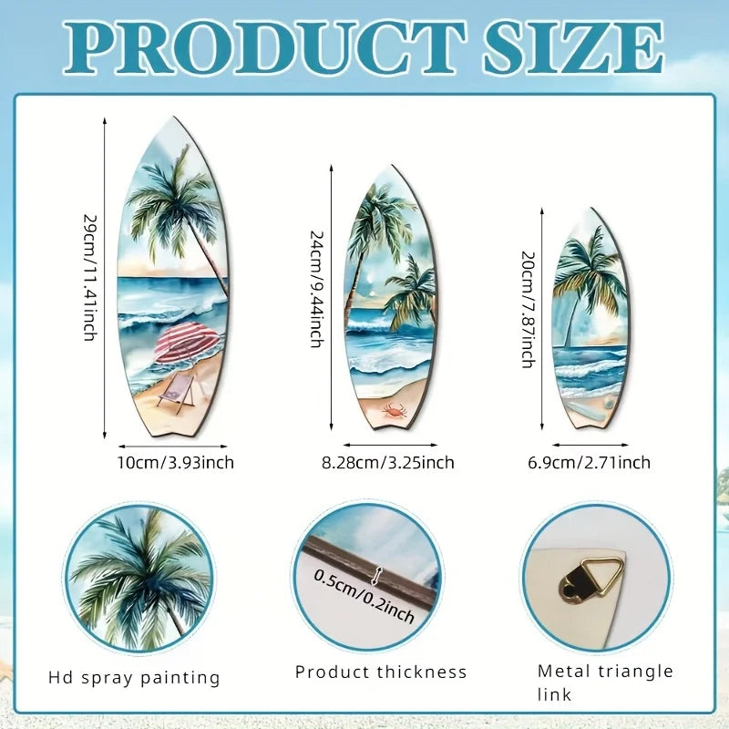Set of 3 Handcrafted Wooden Surfboard Wall Decor - Coastal Beach Themed Hanging Plaques for Summer Home & Patio Design