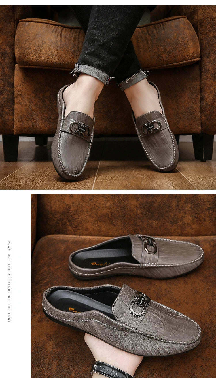 Designer Men Slippers Luxury Leather Casual Shoes for Men Breathable Soft Soled Loafers Fashion British style Men Half Slippers
