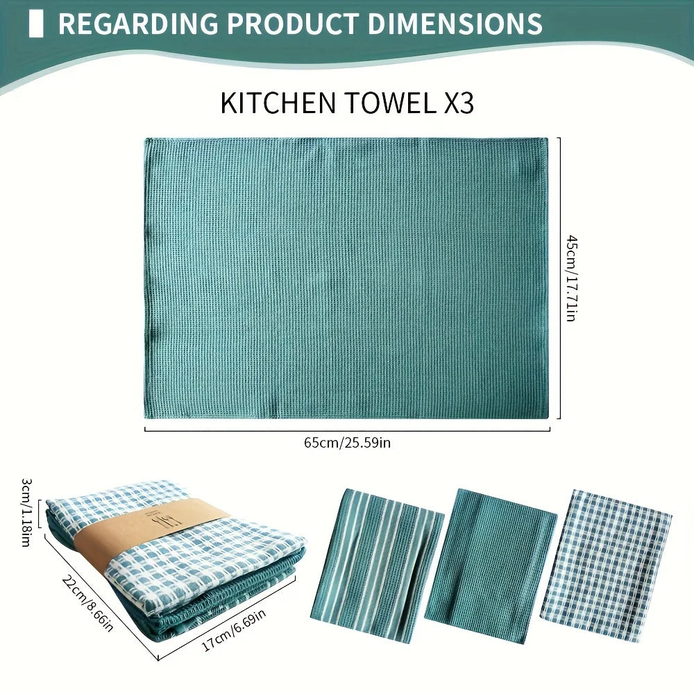 3-piece set of soft, absorbent kitchen towels – large, durable waffle-knit scrubbing cloths