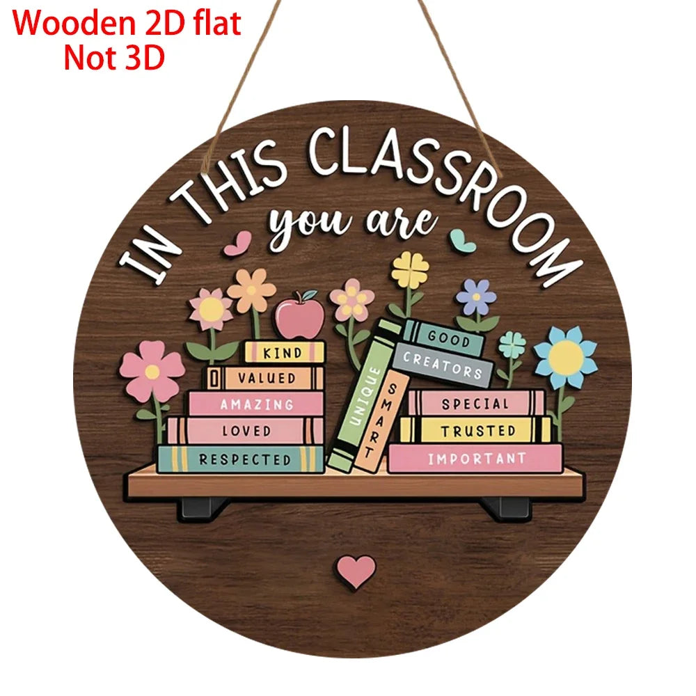 2D Retro Wooden Disc Cartoon Book Flower Design Signboard School Classroom Library After-school Class Door Hanging Decor Gift