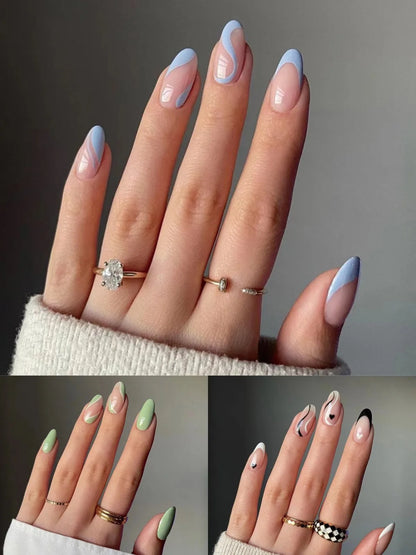 24pcs Almond Head Fake Nails French Line Design Full Coverage False Nail Art Finished with GluWearable Removable Press on Nails