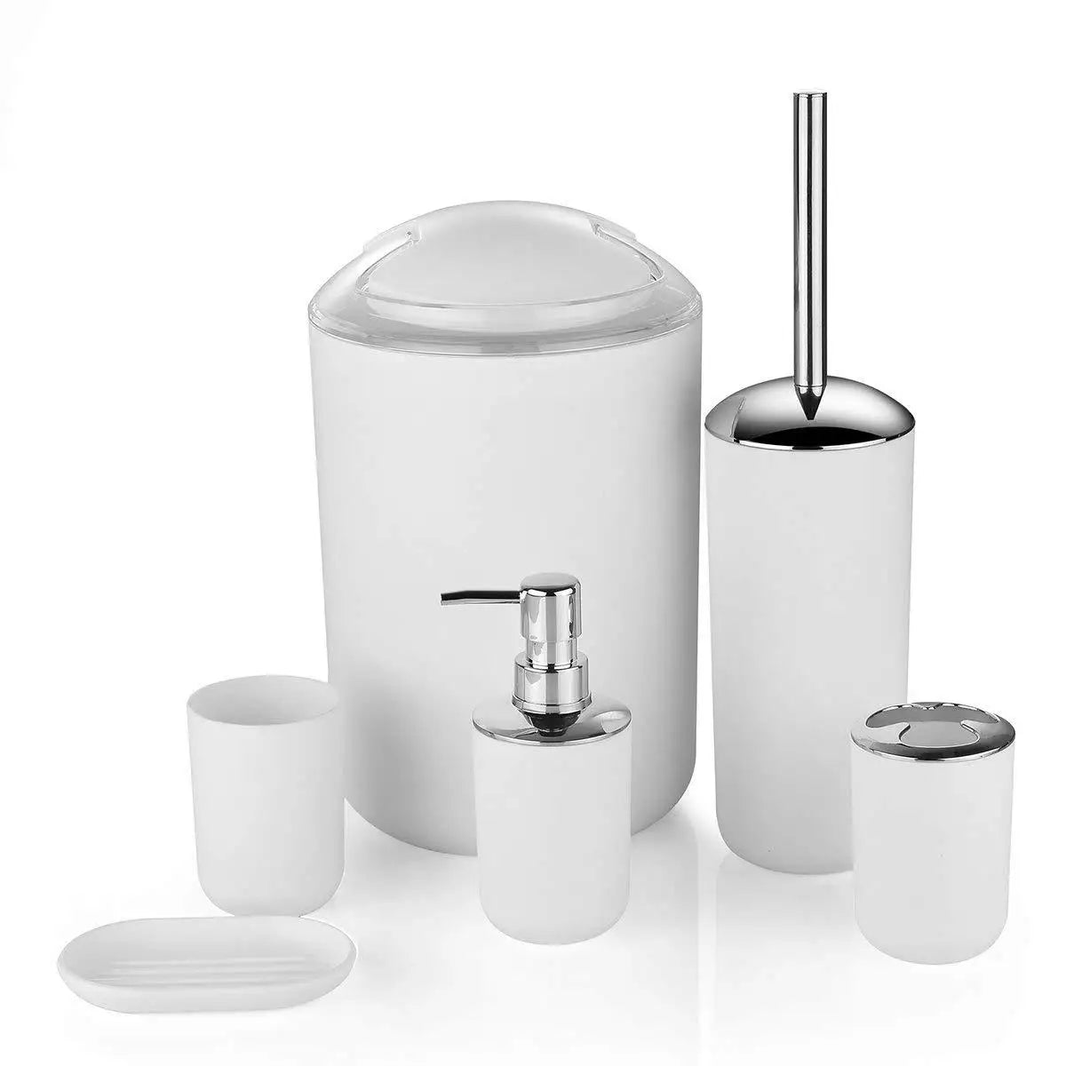 Modern Bathroom Essentials Set/Includes Toothbrush Holder, Waste Bin, Toilet Brush, Cup, Soap Dish and Soap Dispenser