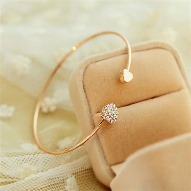 Woozu 2019 New Fashion Adjustable Crystal Double Heart Bow Bilezik Cuff Opening Bracelet For Women Jewelry Gift Mujer Pulseras