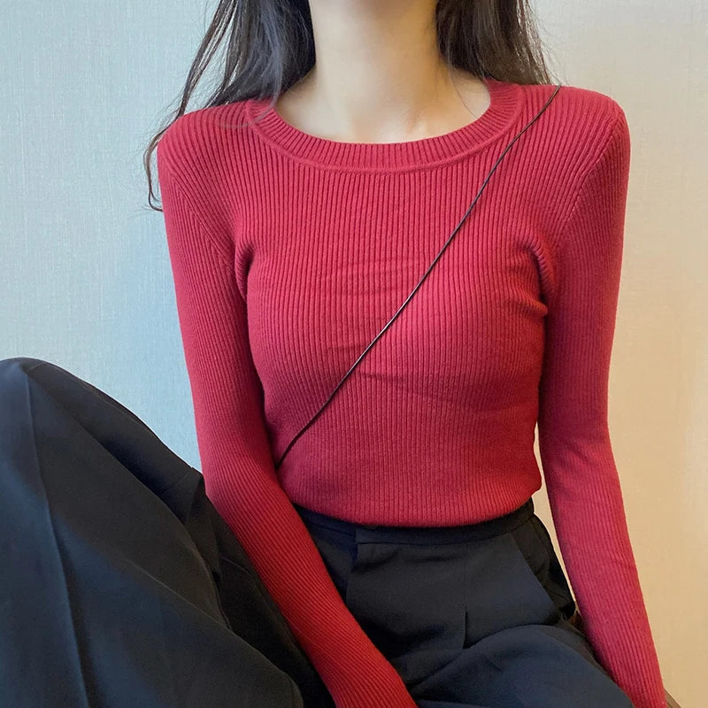 2025 New-coming Autumn Winter Tops O-Neck Pullovers Sweaters Primer shirt long sleeve Short Korean Slim-fit tight sweater