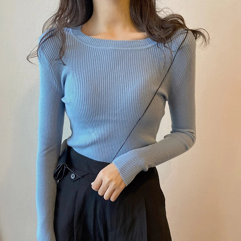 2025 New-coming Autumn Winter Tops O-Neck Pullovers Sweaters Primer shirt long sleeve Short Korean Slim-fit tight sweater