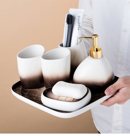 Ceramic Bathroom Accessories Sets Gradient Lotion Dispenser Pump Bottle Toothbrush Holder Mouthwash Cup Soap Dish Washing Tools