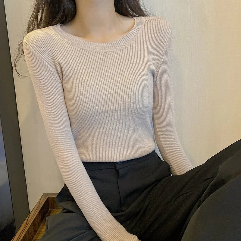 2025 New-coming Autumn Winter Tops O-Neck Pullovers Sweaters Primer shirt long sleeve Short Korean Slim-fit tight sweater