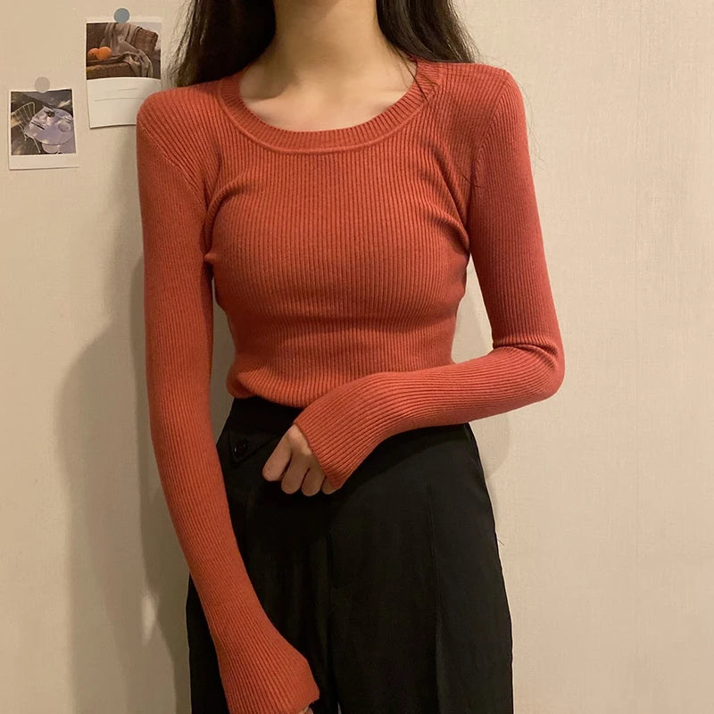 2025 New-coming Autumn Winter Tops O-Neck Pullovers Sweaters Primer shirt long sleeve Short Korean Slim-fit tight sweater