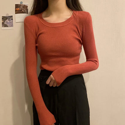 2025 New-coming Autumn Winter Tops O-Neck Pullovers Sweaters Primer shirt long sleeve Short Korean Slim-fit tight sweater