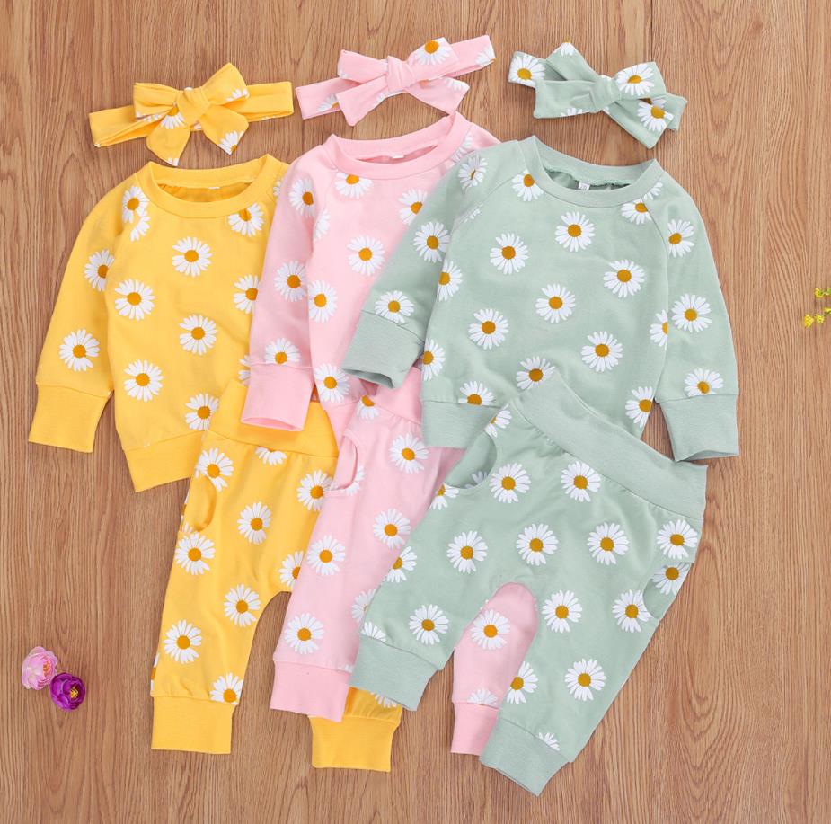 2021 Spring Fall Baby Clothes Set Floral Printed Sweatshirts Tops+Pants+Bow Headband Outfit Girls Clothing Set 3pcs