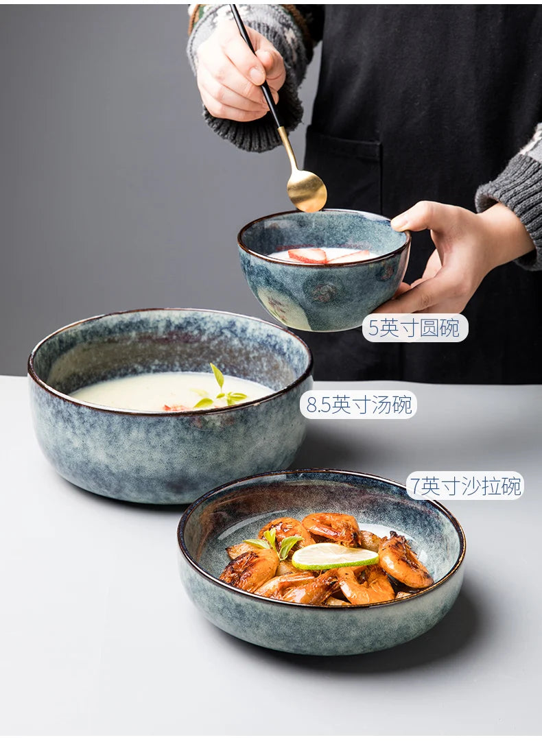 Retro Ceramic Bowl Salad Bowl Single Nordic Creative Dish Bowl Noodle Bowl Home Personalized Dish Deep Plate