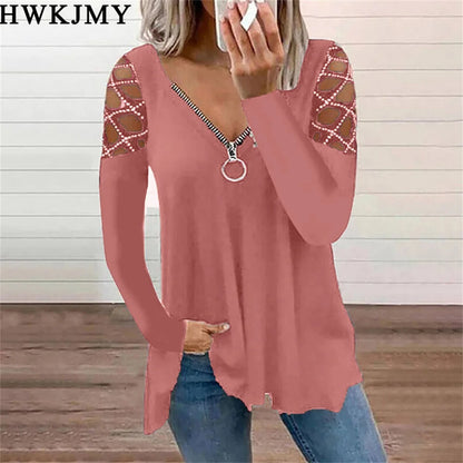 Women's Fashion Casual Clothes Off Shoulder Long Sleeve Tops V-neck Zipper Tees LadiesT-shirt Loose Cotton Shirts 5XL