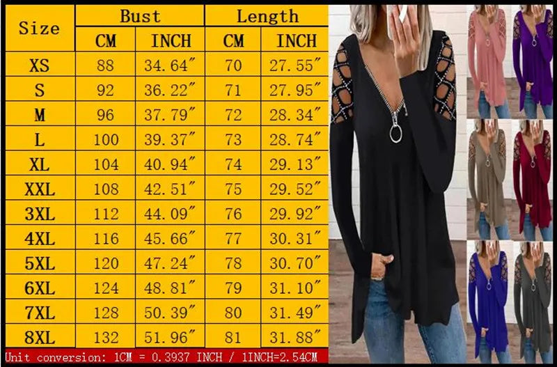 Women's Fashion Casual Clothes Off Shoulder Long Sleeve Tops V-neck Zipper Tees LadiesT-shirt Loose Cotton Shirts 5XL