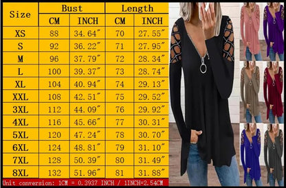 Women's Fashion Casual Clothes Off Shoulder Long Sleeve Tops V-neck Zipper Tees LadiesT-shirt Loose Cotton Shirts 5XL