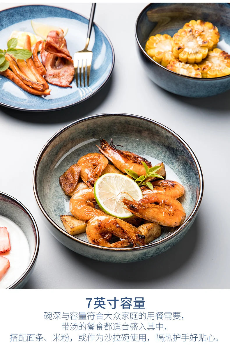 Retro Ceramic Bowl Salad Bowl Single Nordic Creative Dish Bowl Noodle Bowl Home Personalized Dish Deep Plate