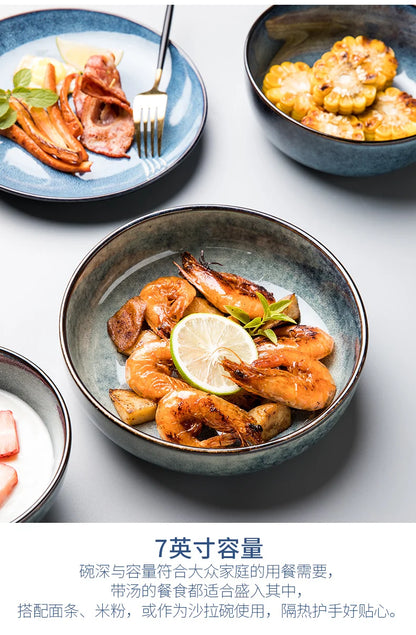 Retro Ceramic Bowl Salad Bowl Single Nordic Creative Dish Bowl Noodle Bowl Home Personalized Dish Deep Plate