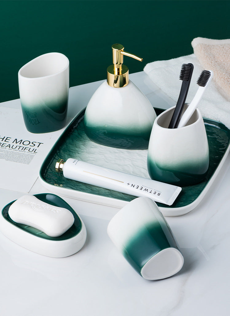 Ceramic Bathroom Accessories Sets Gradient Lotion Dispenser Pump Bottle Toothbrush Holder Mouthwash Cup Soap Dish Washing Tools