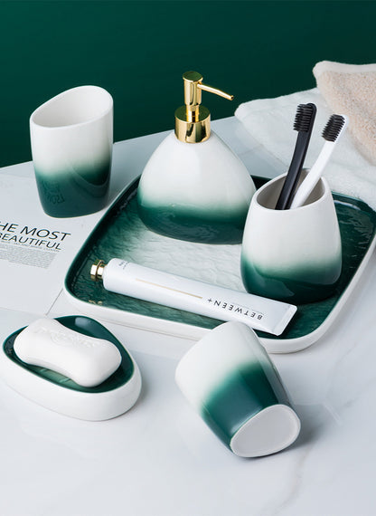 Ceramic Bathroom Accessories Sets Gradient Lotion Dispenser Pump Bottle Toothbrush Holder Mouthwash Cup Soap Dish Washing Tools