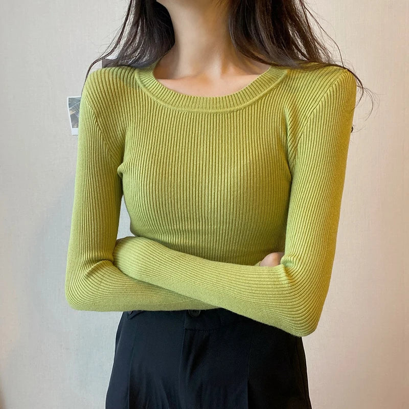 2025 New-coming Autumn Winter Tops O-Neck Pullovers Sweaters Primer shirt long sleeve Short Korean Slim-fit tight sweater