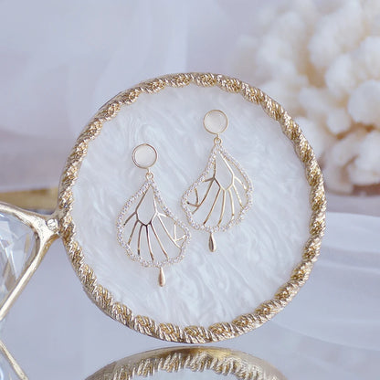 JUWANG Luxury Plated 14K Real Gold Leaves Earring Delicate Micro Inlaid Cubic Zircon CZ Stud Earrings Wedding Jewelry Pendant