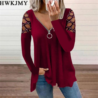 Women's Fashion Casual Clothes Off Shoulder Long Sleeve Tops V-neck Zipper Tees LadiesT-shirt Loose Cotton Shirts 5XL