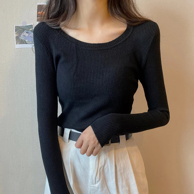 2025 New-coming Autumn Winter Tops O-Neck Pullovers Sweaters Primer shirt long sleeve Short Korean Slim-fit tight sweater