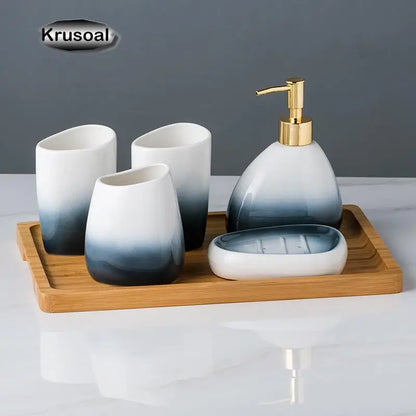 Ceramic Bathroom Accessories Sets Gradient Lotion Dispenser Pump Bottle Toothbrush Holder Mouthwash Cup Soap Dish Washing Tools