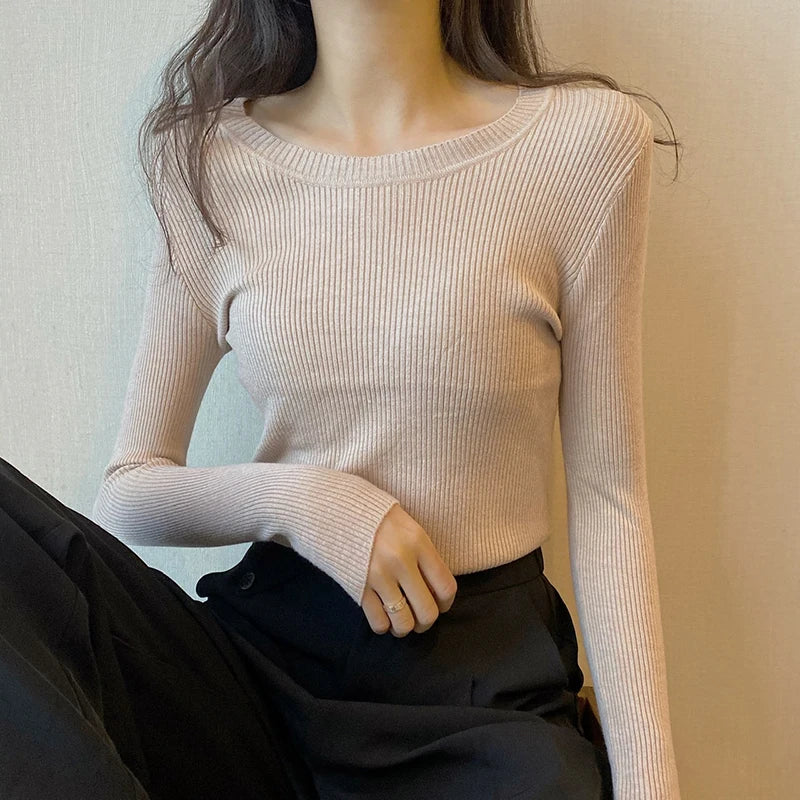 2025 New-coming Autumn Winter Tops O-Neck Pullovers Sweaters Primer shirt long sleeve Short Korean Slim-fit tight sweater