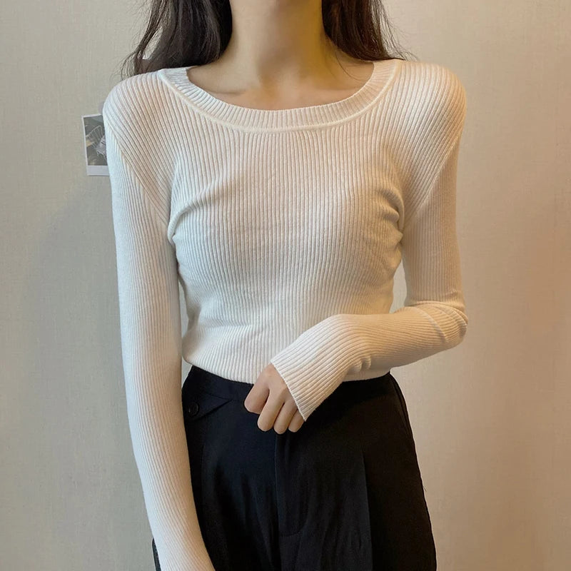 2025 New-coming Autumn Winter Tops O-Neck Pullovers Sweaters Primer shirt long sleeve Short Korean Slim-fit tight sweater
