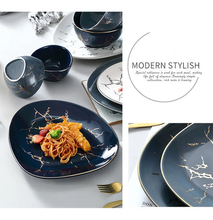 Nordic Dinner Irregular Plates Ins Gold Inlay Dinner Dish Marble Steak Plates Ceramic Dishes Tray Dinnerware Sets Drop Shipping