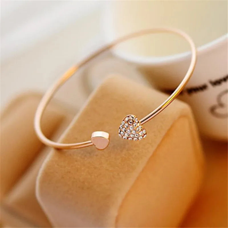 Woozu 2019 New Fashion Adjustable Crystal Double Heart Bow Bilezik Cuff Opening Bracelet For Women Jewelry Gift Mujer Pulseras