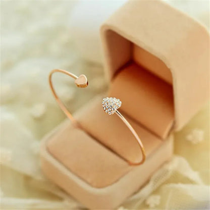 Woozu 2019 New Fashion Adjustable Crystal Double Heart Bow Bilezik Cuff Opening Bracelet For Women Jewelry Gift Mujer Pulseras