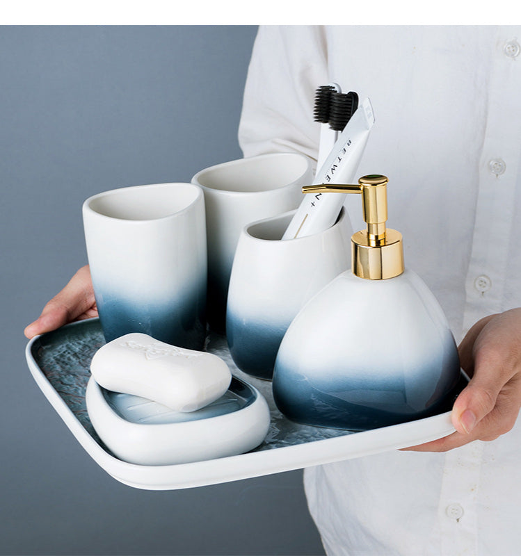 Ceramic Bathroom Accessories Sets Gradient Lotion Dispenser Pump Bottle Toothbrush Holder Mouthwash Cup Soap Dish Washing Tools