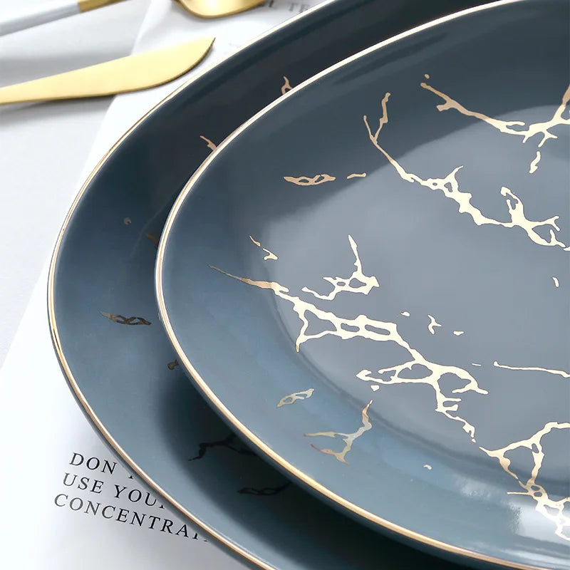 Nordic Dinner Irregular Plates Ins Gold Inlay Dinner Dish Marble Steak Plates Ceramic Dishes Tray Dinnerware Sets Drop Shipping