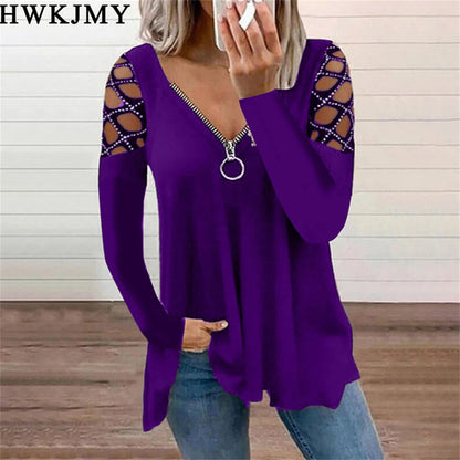 Women's Fashion Casual Clothes Off Shoulder Long Sleeve Tops V-neck Zipper Tees LadiesT-shirt Loose Cotton Shirts 5XL