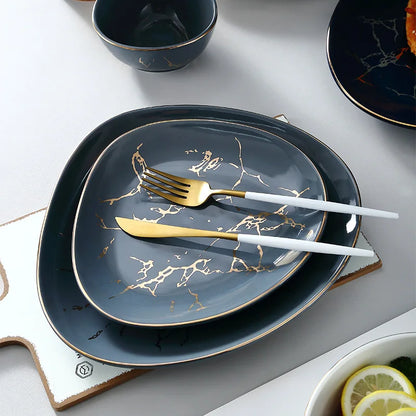 Nordic Dinner Irregular Plates Ins Gold Inlay Dinner Dish Marble Steak Plates Ceramic Dishes Tray Dinnerware Sets Drop Shipping