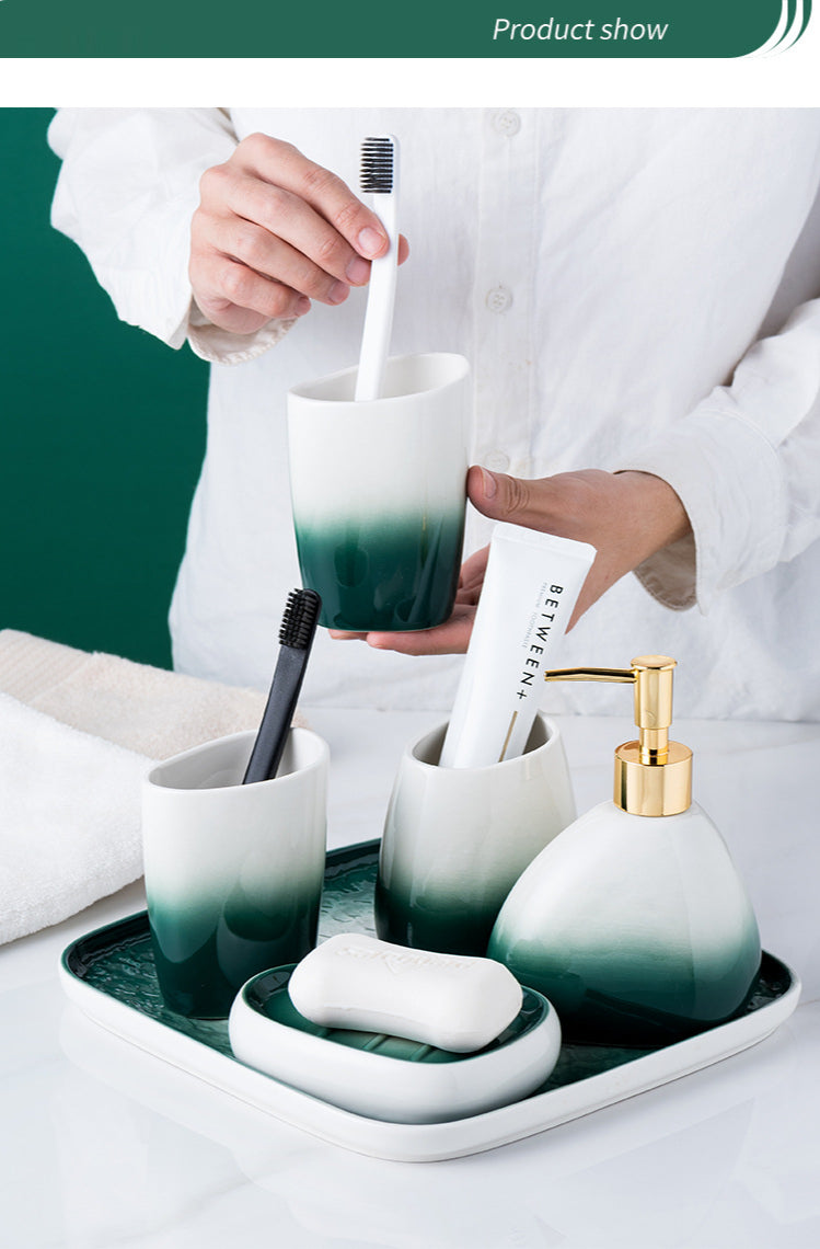 Ceramic Bathroom Accessories Sets Gradient Lotion Dispenser Pump Bottle Toothbrush Holder Mouthwash Cup Soap Dish Washing Tools