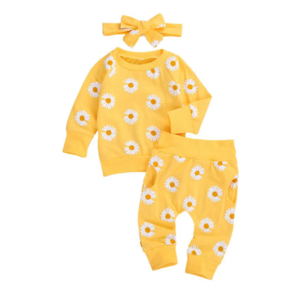 2021 Spring Fall Baby Clothes Set Floral Printed Sweatshirts Tops+Pants+Bow Headband Outfit Girls Clothing Set 3pcs