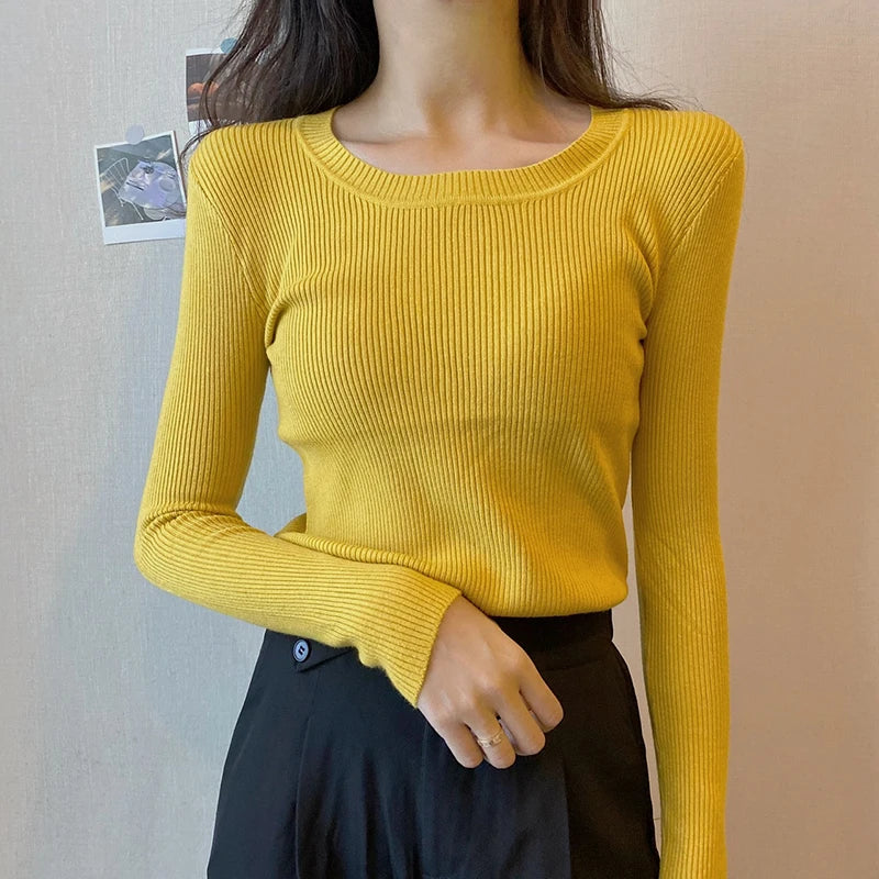 2025 New-coming Autumn Winter Tops O-Neck Pullovers Sweaters Primer shirt long sleeve Short Korean Slim-fit tight sweater