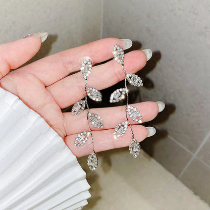 JUWANG Luxury Plated 14K Real Gold Leaves Earring Delicate Micro Inlaid Cubic Zircon CZ Stud Earrings Wedding Jewelry Pendant