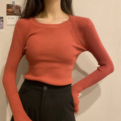 2025 New-coming Autumn Winter Tops O-Neck Pullovers Sweaters Primer shirt long sleeve Short Korean Slim-fit tight sweater