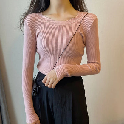 2025 New-coming Autumn Winter Tops O-Neck Pullovers Sweaters Primer shirt long sleeve Short Korean Slim-fit tight sweater