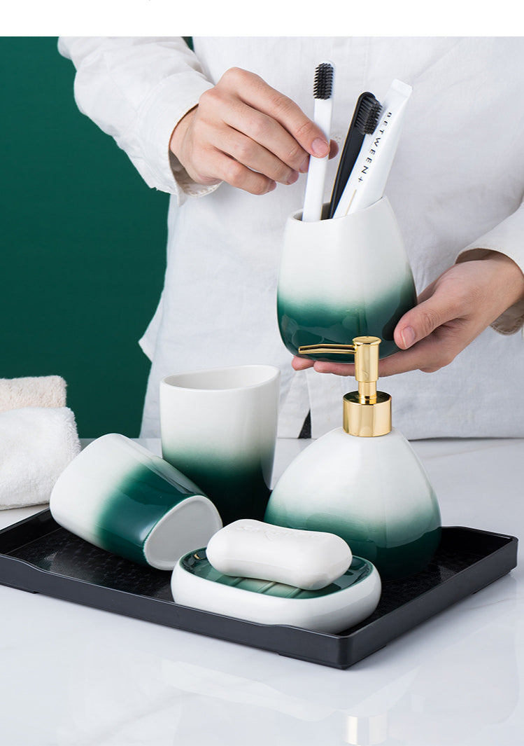 Ceramic Bathroom Accessories Sets Gradient Lotion Dispenser Pump Bottle Toothbrush Holder Mouthwash Cup Soap Dish Washing Tools